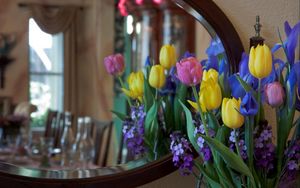 Preview wallpaper irises, tulips, mattoila, flowers, bouquet, mirror, reflection