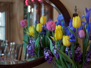 Preview wallpaper irises, tulips, mattoila, flowers, bouquet, mirror, reflection