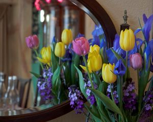 Preview wallpaper irises, tulips, mattoila, flowers, bouquet, mirror, reflection