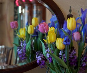 Preview wallpaper irises, tulips, mattoila, flowers, bouquet, mirror, reflection