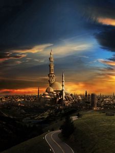 Preview wallpaper islam, mosque, city, sunset