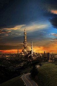 Preview wallpaper islam, mosque, city, sunset
