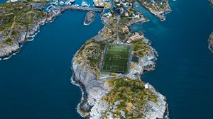 Preview wallpaper island, aerial view, city, ocean