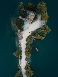 Preview wallpaper island, aerial view, sea, buildings, trees