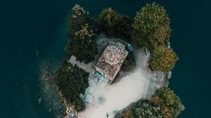 Preview wallpaper island, aerial view, sea, buildings, trees