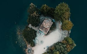 Preview wallpaper island, aerial view, sea, buildings, trees