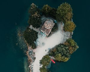 Preview wallpaper island, aerial view, sea, buildings, trees