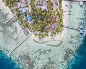 Preview wallpaper island, aerial view, sea, city, buildings, coast