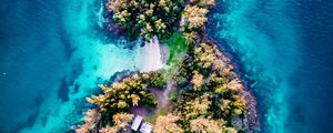 Preview wallpaper island, aerial view, trees, waves, coast