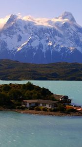 Preview wallpaper island, bridge, mountains, home, sky, trace