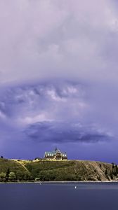 Preview wallpaper island, building, hill, sea, landscape