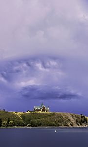 Preview wallpaper island, building, hill, sea, landscape