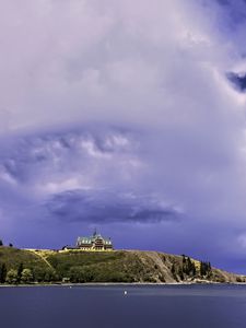 Preview wallpaper island, building, hill, sea, landscape