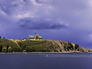 Preview wallpaper island, building, hill, sea, landscape