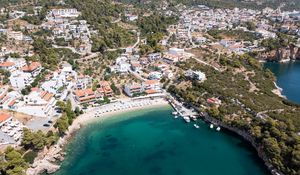 Preview wallpaper island, buildings, beach, sea, aerial view