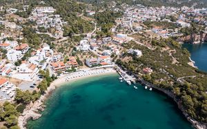 Preview wallpaper island, buildings, beach, sea, aerial view