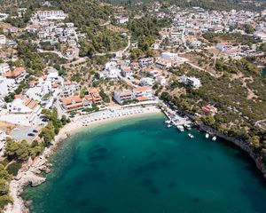 Preview wallpaper island, buildings, beach, sea, aerial view