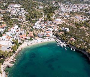 Preview wallpaper island, buildings, beach, sea, aerial view