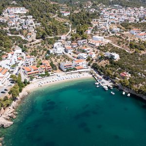 Preview wallpaper island, buildings, beach, sea, aerial view