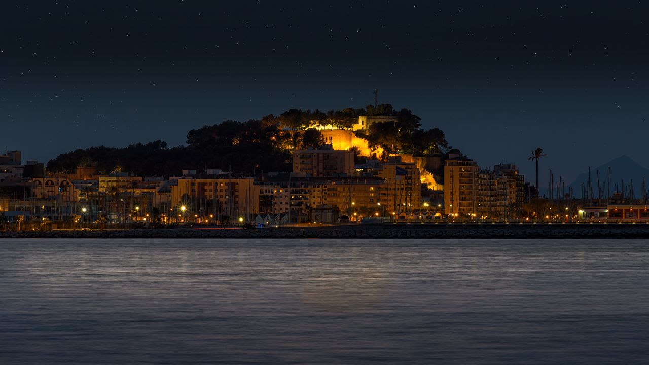 Wallpaper island, buildings, lights, glow, night