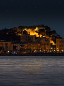 Preview wallpaper island, buildings, lights, glow, night