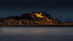 Preview wallpaper island, buildings, lights, glow, night