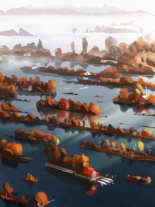 Preview wallpaper island, buildings, sea, autumn, art