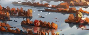 Preview wallpaper island, buildings, sea, autumn, art