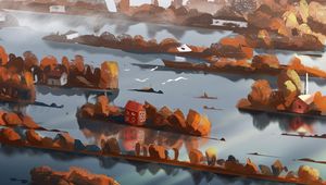 Preview wallpaper island, buildings, sea, autumn, art