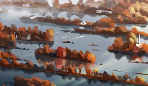 Preview wallpaper island, buildings, sea, autumn, art