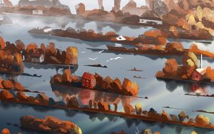 Preview wallpaper island, buildings, sea, autumn, art