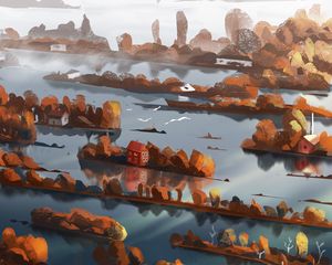 Preview wallpaper island, buildings, sea, autumn, art