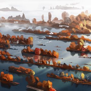 Preview wallpaper island, buildings, sea, autumn, art