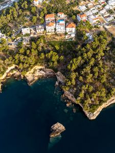 Preview wallpaper island, buildings, sea, aerial view