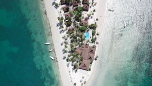 Preview wallpaper island, bungalow, boats, ocean, aerial view