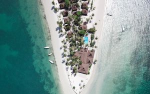 Preview wallpaper island, bungalow, boats, ocean, aerial view