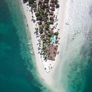 Preview wallpaper island, bungalow, boats, ocean, aerial view