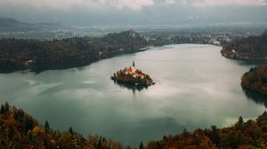 Preview wallpaper island, castle, horizon, lake