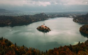 Preview wallpaper island, castle, horizon, lake