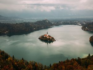Preview wallpaper island, castle, horizon, lake