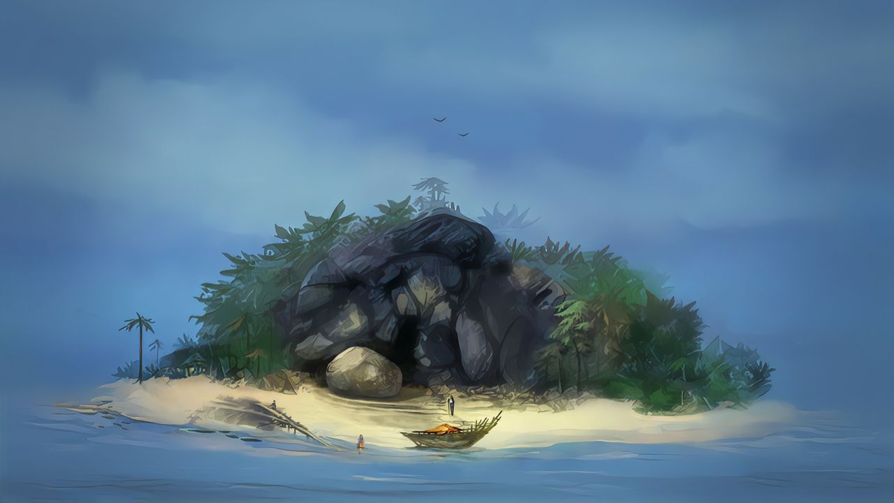 Wallpaper island, cave, boat, man, art