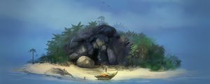 Preview wallpaper island, cave, boat, man, art