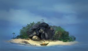 Preview wallpaper island, cave, boat, man, art