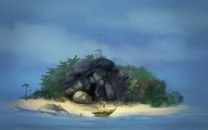 Preview wallpaper island, cave, boat, man, art