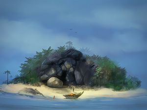 Preview wallpaper island, cave, boat, man, art