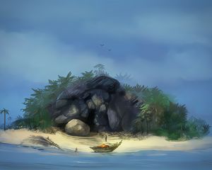 Preview wallpaper island, cave, boat, man, art