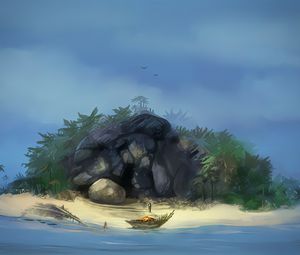 Preview wallpaper island, cave, boat, man, art