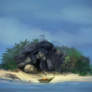 Preview wallpaper island, cave, boat, man, art