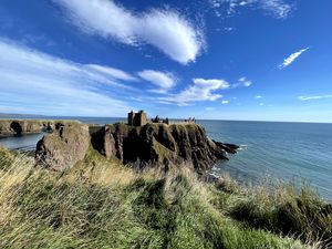 Preview wallpaper island, cliff, building, fortress, grass, sea