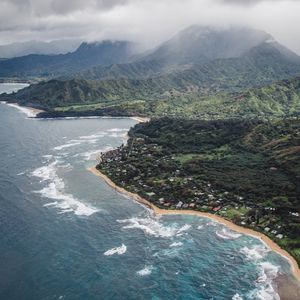 Preview wallpaper island, coast, aerial view, village, sea